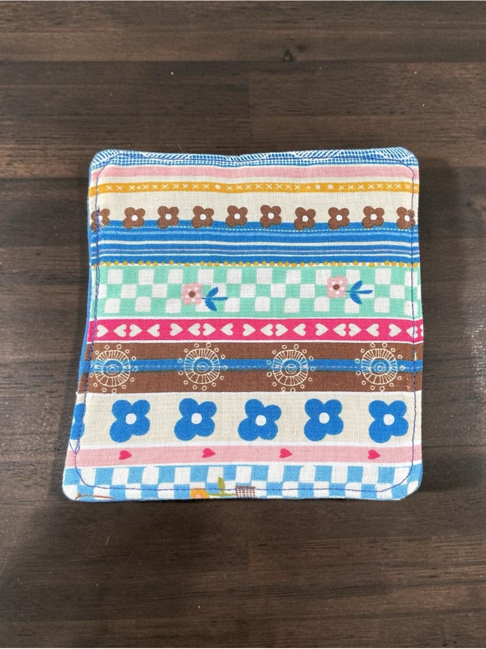 Colorful Patterned Fabric Coaster Set - Blue, Brown, Pink